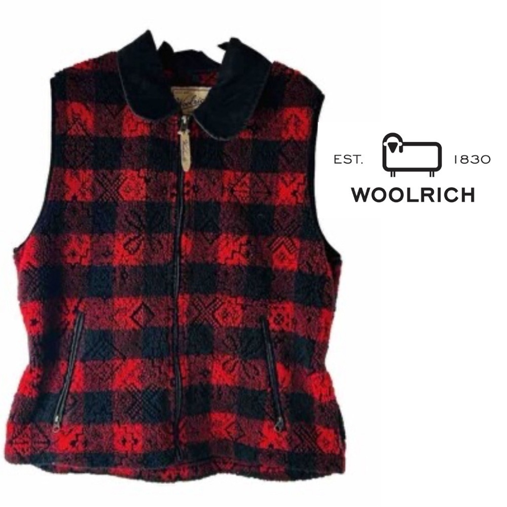 Woolrich Red Black Buffalo Plaid Full Zip Vest Large Pockets Sleeveless - Picture 2 of 9